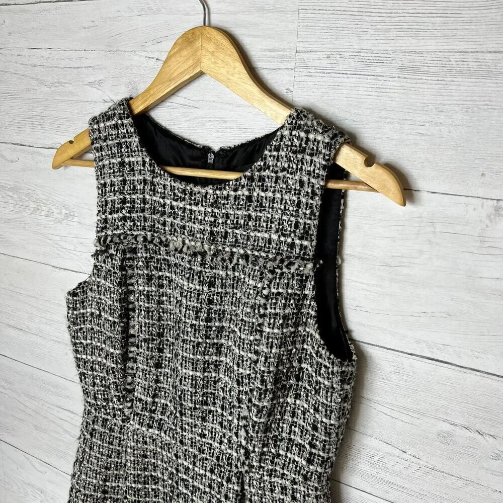 J Crew Dress Womens Size 6 Black & White Tweed Pleated Sheath Academia